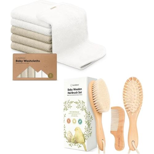 KeaBabies Baby Washcloths for Newborn, Kids and Baby Hair Brush and Baby Comb Set - Bath Baby Towels, Face Towel, Face Cloths - Wooden Baby Brush with Soft Goat Bristle