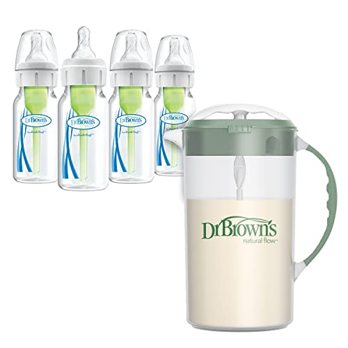 Dr. Brown's Baby Formula Mixing Pitcher 32oz, Olive with Anti-Colic Options+ Narrow Baby Bottles, 4 Pack, 4 oz