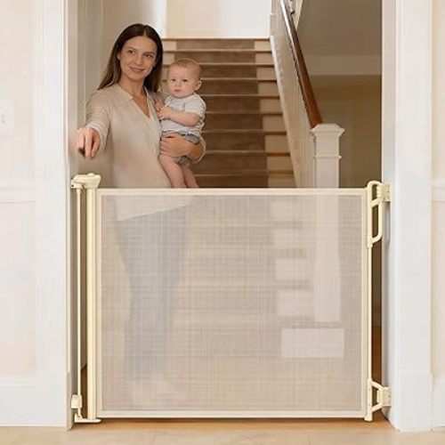 Retractable Safety Baby Gate or Mesh Dog Gate,Durable Portable Mesh Retractable Gate,Easy to Use for Stairs, Doorways, Hallways, Indoor, Outdoor, 33.5" Tall, Up to 45" Wide, Cream