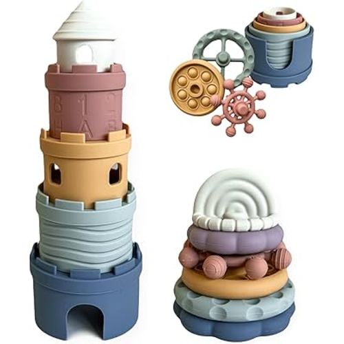 Hippypotamus Baby Stacking Toys - Teething Toys - Stacking Cups - Food-Grade Silicone Teethers - 6+ Months - Soft Bath Toy