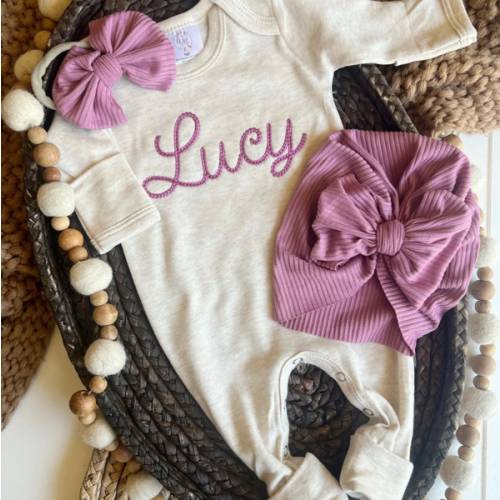 Personalized Baby Girl Outfit | Oatmeal Beige Romper Ellison Purple Ch – Wonderfully Made