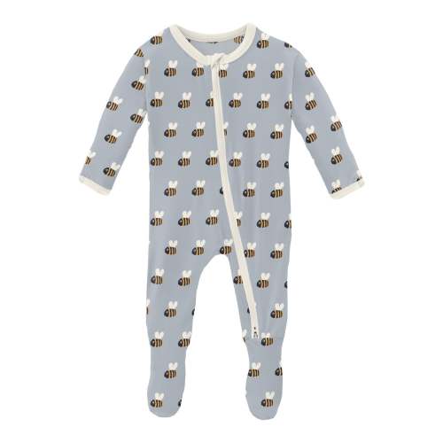 Print Footie with 2 Way Zipper in Pearl Blue Baby Bumblebee