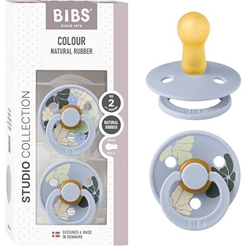 BIBS Pacifiers - Colour Studio 2 Pack | Round Nipple Baby Pacifier | BPA Free Natural Rubber Latex Soother | Made in Denmark | Size 0+ Months | Morning Bloom Dusty Blue