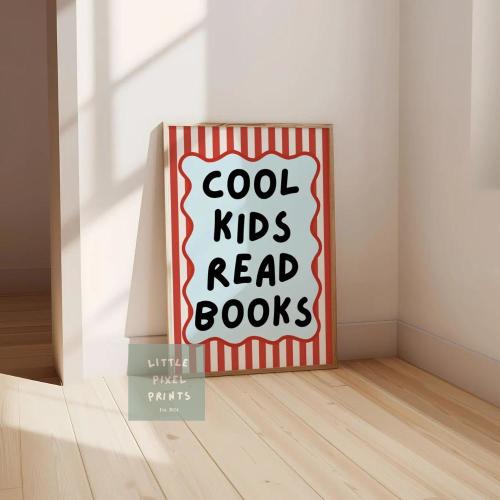 cool kids read books red and blue wall print for childrens bedroom, nursery or playroom
