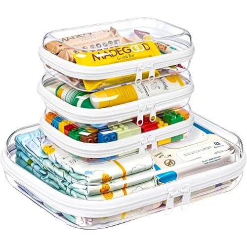 4 Pack Diaper Bag Organizer Pouches, Clear Hard Shell Zipper Cases for Baby Essentials, Toiletry Bag for Travel, Makeup Bag, Toy Storage Bins, Waterproof Storage Box for Pacifier Snacks Wipes Clothes