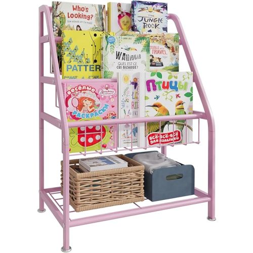 aboxoo Kids Bookshelf Small Toddler Freestanding for Children Room 18 inches Metal Bookcase Toy Organizer Pink Stable Bookcase Bookstore Library Book Unit Storage for Small Place
