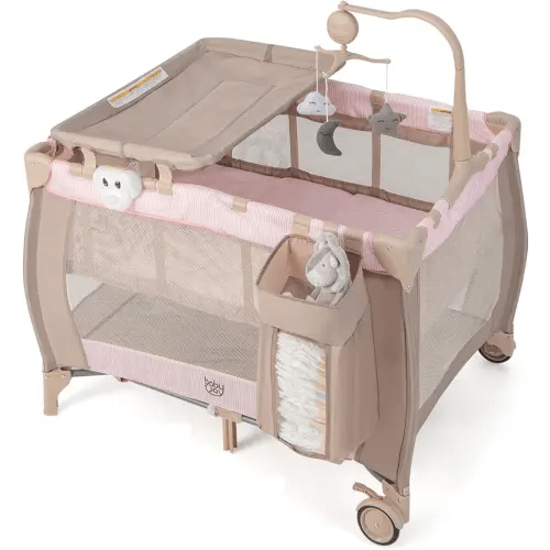 Costzon 3 in 1 Pink Pack and Play with Bassinet, Portable Baby Playard with Changing Table, Music Box, Whirling Toys, Wheels/Brake, Basket, Bag, Foldable Infant Pink Bassinet for Baby Girl Toddlers