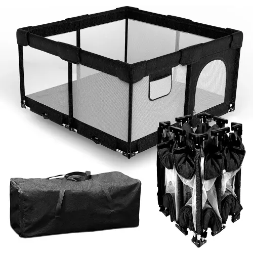 Dearlomum Foldable Baby Playpen,Collapsible Playpen for Babies and Toddlers, Extra Large Foldable Playpen for Baby with gate, Baby Activity Center with Fence, Travel Play Pen (Black 51"×51")