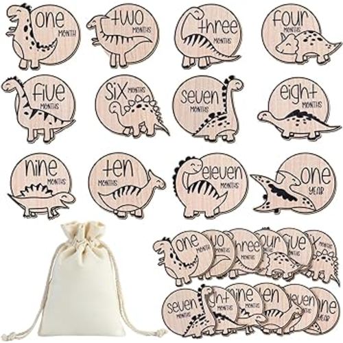 12 Pcs Wooden Baby Milestone Cards with Linen Bag Baby Monthly Milestone Marker Discs Signs Baby Announcement Cards for Pregnancy Growth Baby Shower Gifts Newborn Photo Props (Dinosaur Style)