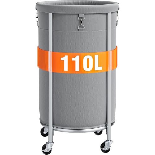 ELYKEN Laundry Hamper with Wheels, 110L Rolling Laundry Basket, Round Laundry Cart with Steel Frame and Removable Bag, 4 Casters and 2 Brakes, Dirty Clothes Hamper for Hotel, Home, Closet, Dorm, Gray