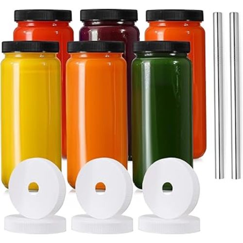 Glass Juice Bottles with lids, 6 Pack with 2 Straws & 6 Lids with Hole- 16 oz Travel Drinking Jars,Juicing bottles Reusable Glass Mason Jar for Juice,Bubble Tea, Smoothie, Tea, Kombucha