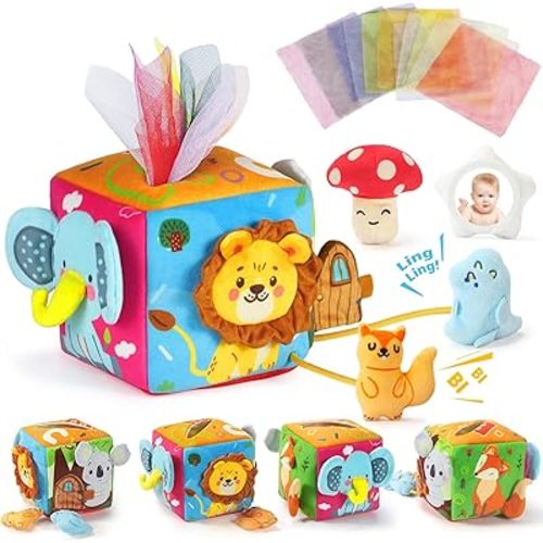URMYWO Baby Tissue Box Toy, Montessori Sensory Toys 6-12 Months with Crinkle Paper & Scarves, Fine Motor Skills, Valentine's Day Easter Basket Stuffers, Gifts for Infants 6 9 12 18 Months Old