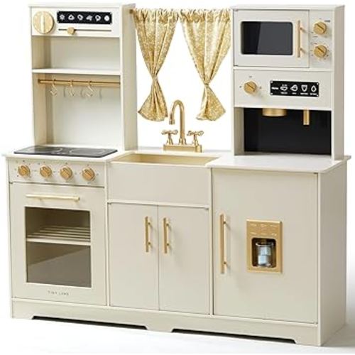 Tiny Land Play Kitchen for Kids, Toy Kitchen Set with Plenty of Play Features, New Modern Kids Wooden Play Kitchen Designed in Trendy Home Style with Curtains, Gift for Ages 3+