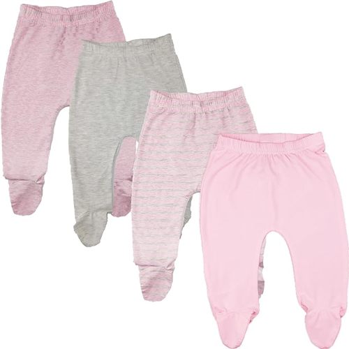 123 Bear Baby Soft Cotton Spandex Pants with Feet - 3-6 Months - Pink 4-pack