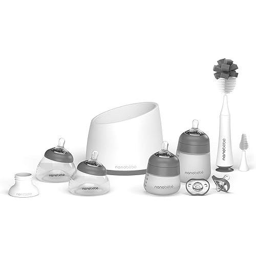 Nanobébé Breastmilk and Silicone Baby Bottle Complete Set Gen 2 with Anti-Colic Nipples, Bottle Brush, Pacifiers, Warmer, Pump Adapter - 5oz and 9oz - Grey