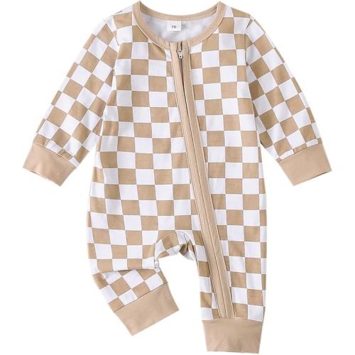 Karuedoo Newborn Baby Boy Girl Clothes Checkered Long Sleeve Zipper Romper Jumpsuit One Piece Bodysuit Fall Winter Outfit (Khaki, 0-3 Months)