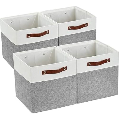 DECOMOMO Fabric Storage Bins, 11 inch Cube Storage Bin, Baskets for Shelves (Grey and White, 4pcs)