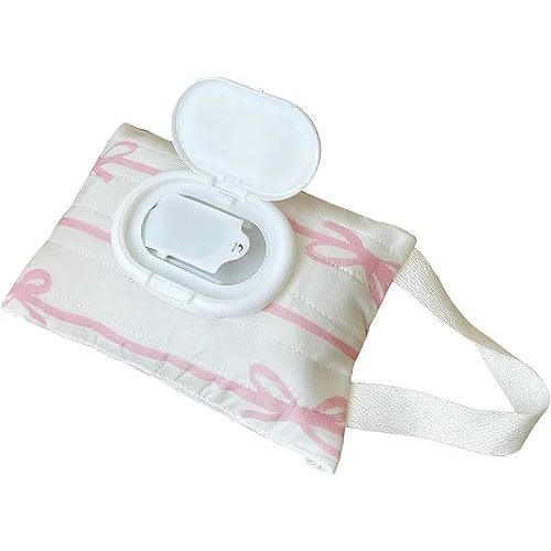 Baby Wipes Dispenser with Bow, Refillable Hanging Wet Wipe Pouch, Portable Diaper Wipe Holder for Travel, Car and Stroller Use (Pink)