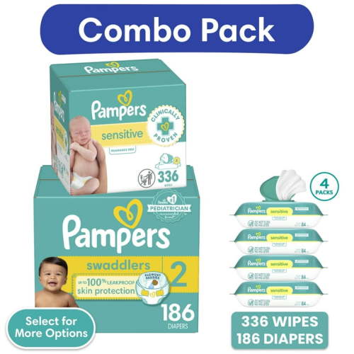 Pampers Swaddlers Diapers, Size 2, 186 Count and Pampers Sensitive Baby Wipes Unscented, 4 Pack, 336 Total Count