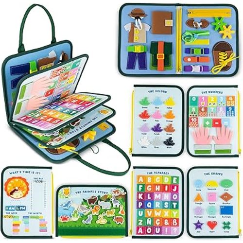 BONNYCO Busy Board for 1 Year Old Animals Montessori Busy Book for Toddlers 1-3 2-4, Felt Quiet Book Baby, Montessori Toys, Toddler Learning Toys Travel Airplane Car | Educational Activity Board