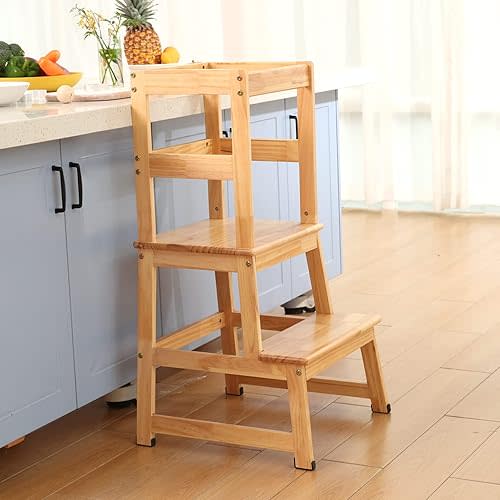 Kitchen Step Stool for Kids with Safety Rail,Solid Wood Construction Toddler Learning Stool, Montessori Toddlers Kitchen Stool Tower(Natural)