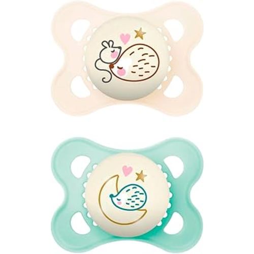 MAM Night Pacifiers (2 Pacifiers & Sterilizing Box), MAM Pacifiers 0-6 Months, Best Pacifier for Breastfed Babies, Unisex, Glow in the Dark Pacifier