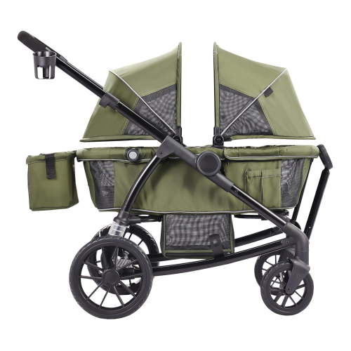 KFFKFF Off-Road Wagon-Stroller Hybrid, Dual-Seating, Easily Foldable for Travel, Comes with Shade Cover, Storage for Essentials, Beverage & Snack Tray, 55lbs Capacity per Seat, in Olive Green