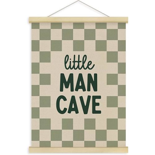 Fewgb Little Man Cave Wall Art Decor for Boys Nursery, Toddler Baby Boys Kids Room Playroom Bedroom Hanging Poster Framed with Hanger, Sage Green Checkered Picture Prints Banner Sign 12x16