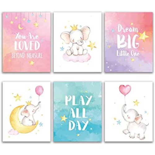 Elephant Inspirational Decor, Baby Girl Nursery Wall Art Prints, Elephant Nursery Wall Decor, Elephants Wall Art Decorations for Kids Nursery, Girl's Room (8"x10") Set of 6 Unframed