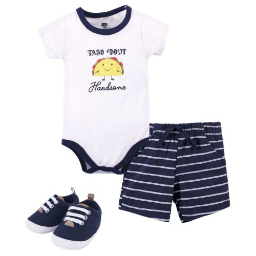 Hudson Baby Infant Boy Cotton Bodysuit, Shorts and Shoe 3pc Set, Handsome Taco, 0-3 Months
