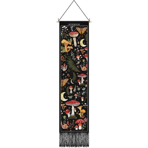 Tegeme Vintage Tapestry 52 x 13 Inch, Long Vertical Wall Hanging Reference Illustrative Botanical Tassel Tapestry for Bedroom Living Room Home Decoration(Mushroom)