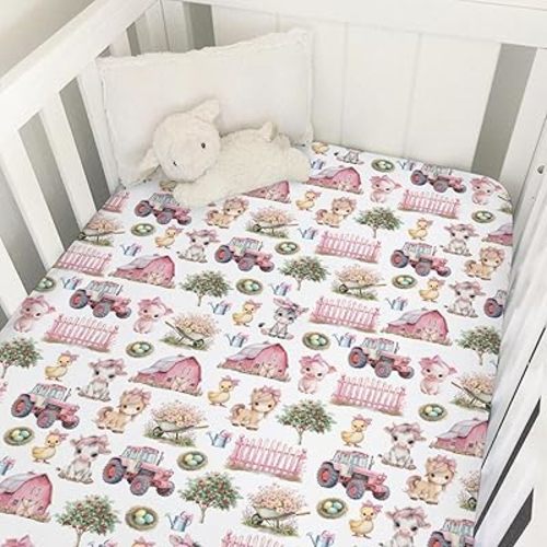 Pink Farm Animals Baby Crib Sheets for Girls Barn Pig Duck Cow Horse Bows Tractors Soft Snug Fitted Crib Mattress Covers for 52''x28'' Standard Crib & Toddler Mattress Farmyard Nursery Baby Sheets