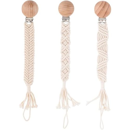 Pacifier Clip for Boys Girls Boho Handmade Braided Baby Pacifier Holder Leash Wooden Clips Cotton Unisex Baby Shower Birthday Gift Christmas Gift (Pattern 2)
