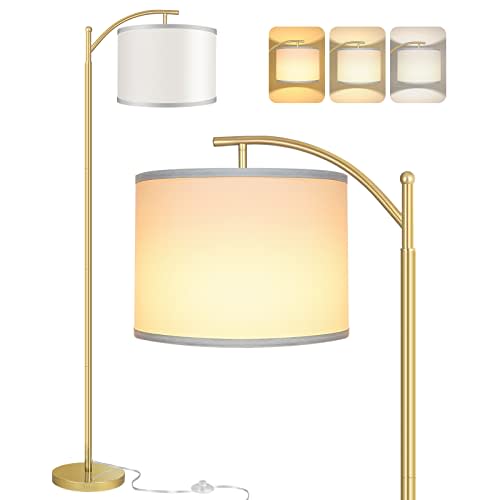 ROTTOGOON Floor Lamp for Living Room, LED Standing Lamp with White Lamp Shades Tall Industrial Floor Lamp Reading for Bedroom, Office, Study Room, 9W LED Bulb Included -Gold