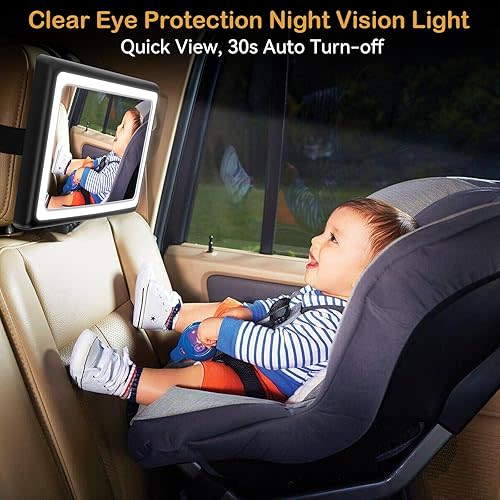 Baby Car Mirror for Backseat: Clear Night Vision Light Baby Car Seat Mirror Shatterproof with Remote Control - Easy Install Stable Rear Facing Mirror 4000mAh Long Life Battery