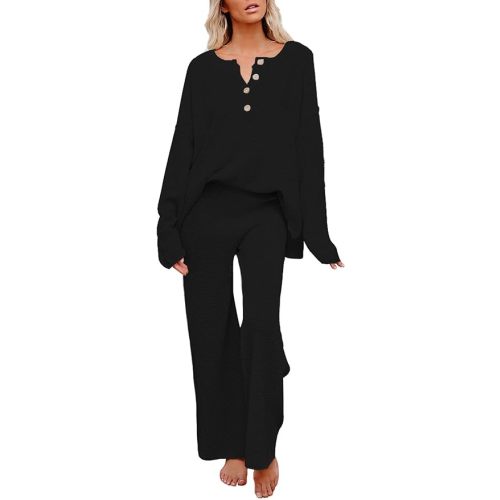 Pink Queen Women's 2 Piece Outfit Set Long Sleeve Button Pullover Sweater Top and Wide Leg Pants Knit Sweatsuit