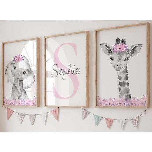 Safari Animals Girls Nursery Bedroom Unframed Set of 3 Poster Prints, Personalized Name Pink or Purple Flowers Wall Art Decor New Baby Gift Present, Elephant Giraffe Panda Zebra Lion (11x14)