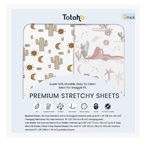 TotAha Cactus Crib Sheets (2-Pack) - Hypoallergenic, Silky Comfort, Buttery Soft, Calming Effect, All-Season Jersey-Knit Sheets, 9'' Extra Deep Pocket Baby Western Crib Sheet