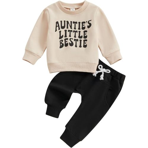 Aunties Bestie Baby Clothes Gender Neutral Baby Boy Girl Long Sleeve Sweatshirt Pullover Pant Fall Solid Color Outfit - 0-6 Months - K Black