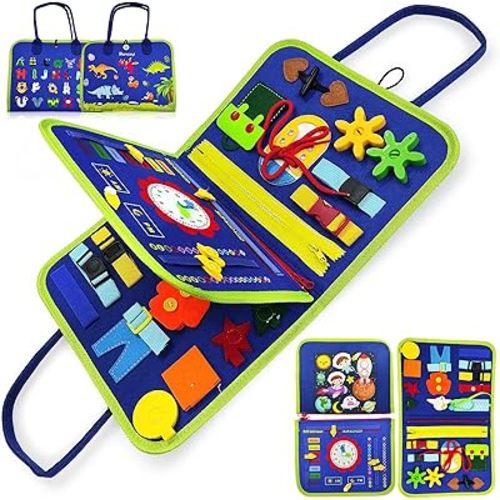 Busy Board Montessori Toys for 3+ Year Old Birthday Gifts, Developing Sensory Toy for Fine Motor Skills, Busy Book for Toddlers 3-5, Educational Travel Toys for Kids, Blue(p4)