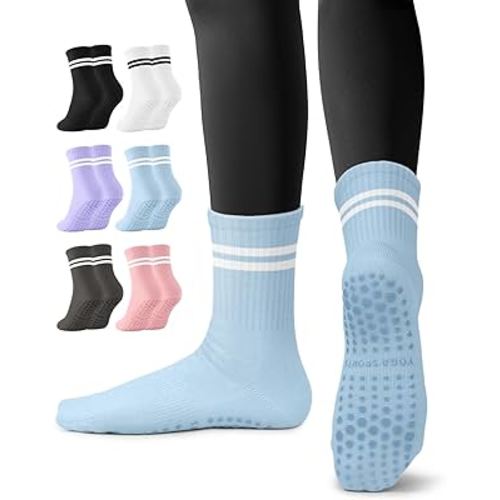 6 Pairs Grip Pilates Socks for Women, Non-slip Yoga Athletic Socks for Barre Ballet Barefoot Workout Hospital