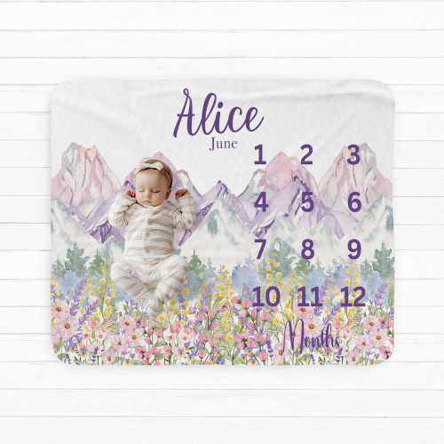 Personalized Wildflower Mountain Baby Milestone Blanket: Polyester Nursery Decor