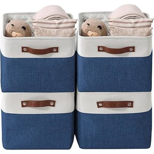 DECOMOMO Storage Bins Fabric Storage Baskets for Shelves, Linen Closet Organization Toys Nursery (Navy Blue and White, Large - 4 Pack)