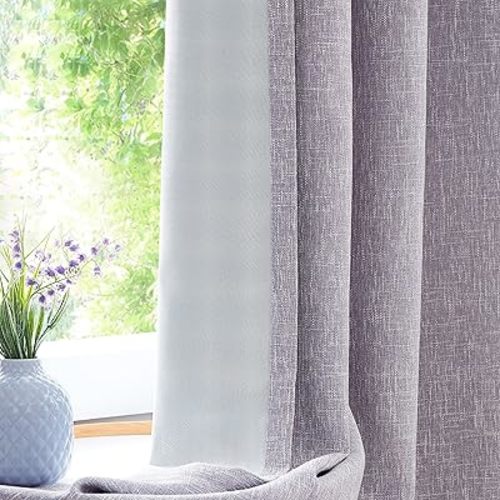 Lavender Solid Full Blackout Curtain Heavy Linen Texture Window Treatment for Bedroom Thermal Insulated Noise Reduction Drapes 8 Grommets Top for Living Room with Liner, Purple, 50"x63", 2 Panels