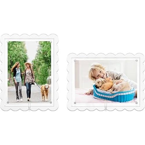 2 Pack of 5 x 7 Clear Acrylic Scalloped Picture Frames, Magnetic Acrylic Closure with Dual Kickstand Holes for Vertical and Horizontal Display