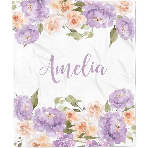 Purple Peach Floral Personalized Baby Girl Blanket, Custom Name Gift, (50 x 60 Toddler/Kids)