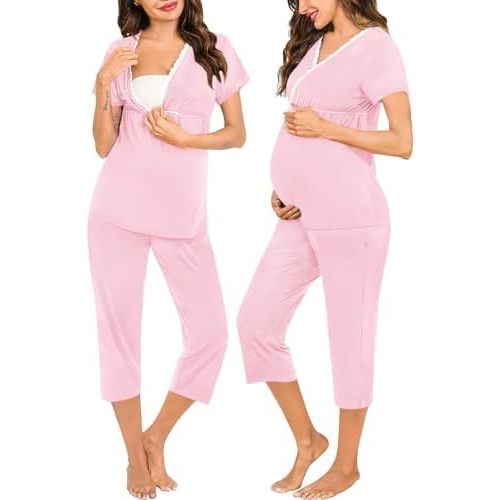 SWOMOG Maternity Nursing Pajamas Set 2 PCS Breastfeeding Sleepwear Short Sleeve Top and Pants Set Pregnancy Pajamas Women