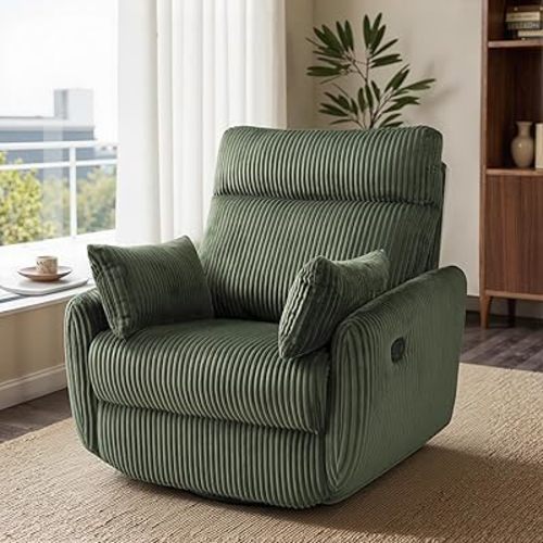 Swivel Recliner Chair for Adults, Corduroy Nursery Glider Rocking Chair, Armchair with 2 Pillows, Comfy High Back Reclining for Small Spaces, Nursery Bedroom Living Room (Corduroy Green, 1 Pack)