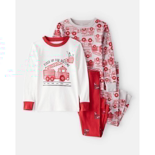 Toddler Boy Firetruck Print 100% Cotton Long-Sleeve 4-Piece Pajamas - Red/White - Carter's | Carter's
