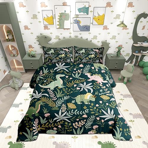 Cute Dinosaur Full Size Comforter Set,Kids Cartoon Dino Kawaii Animal Bedding Comforters Bedroom Collection,Green Pink Leaves Plant Botanical Bedding Set for Girls Teens